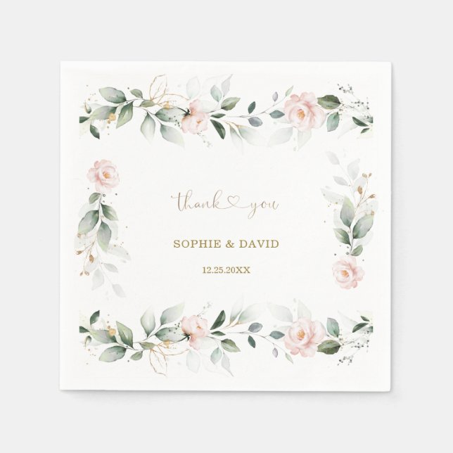Watercolour Greenery Pink Floral Gold Wedding      Napkin (Front)