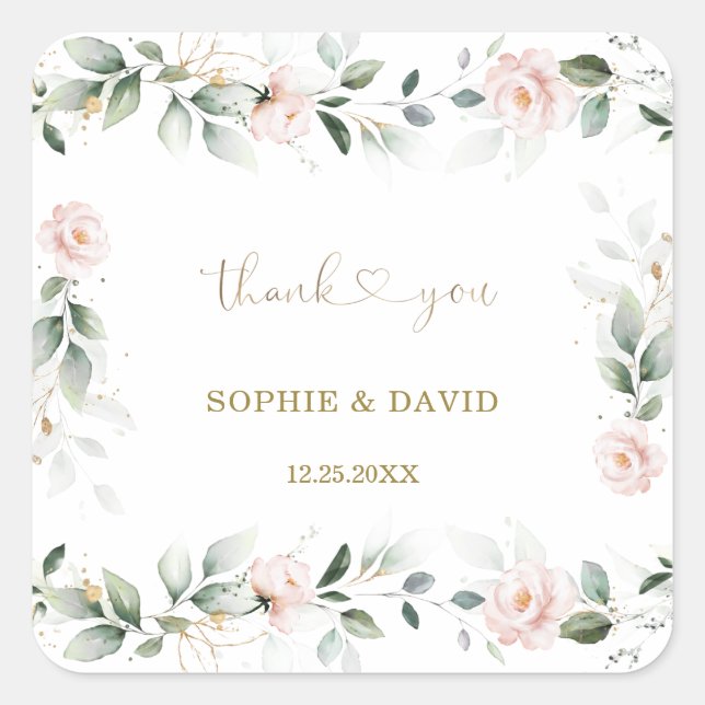 Watercolour Greenery Pink Floral Gold Wedding    S Square Sticker (Front)