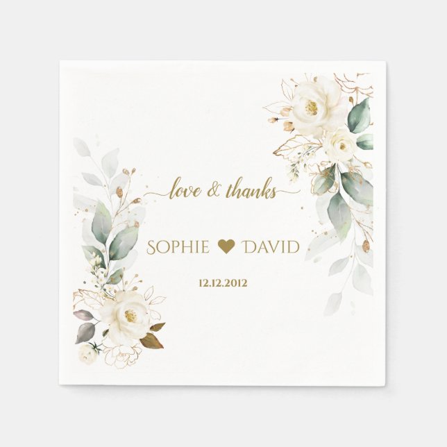Watercolour Greenery White Floral Gold Wedding   Napkin (Front)