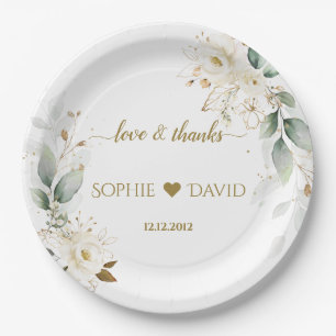 Watercolour Greenery White Floral Gold Wedding Paper Plate