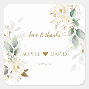 Watercolour Greenery White Floral Gold Wedding     Square Sticker