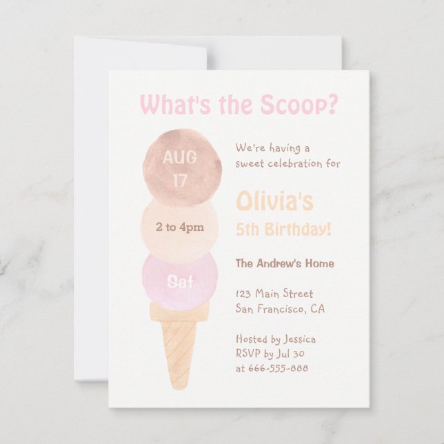 Watercolour Ice Cream Birthday Party Invitations (Front)