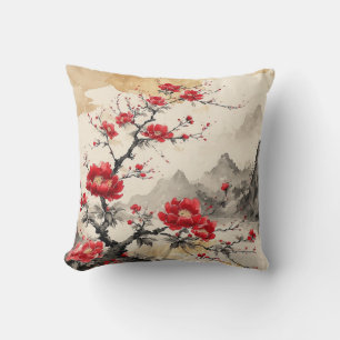 Watercolour Japanese Blossom red Throw Pillow
