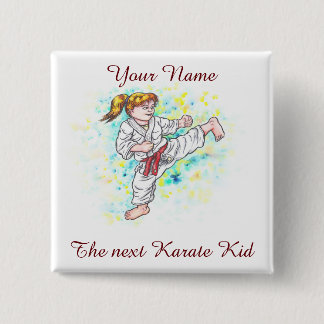 Watercolour Karate Kids high kicking girl 2 Inch Square Button