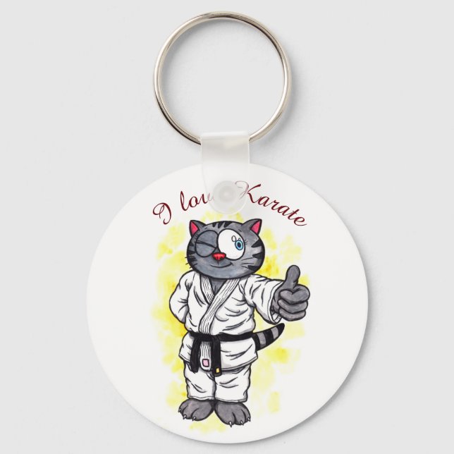 Watercolour Karate Kitten standing and smiling Keychain (Front)