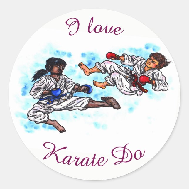 watercolour karate men fighting tournament battle classic round sticker (Front)