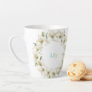 Watercolour Lily Wreath Floral Name Gift for Mum Latte Mug