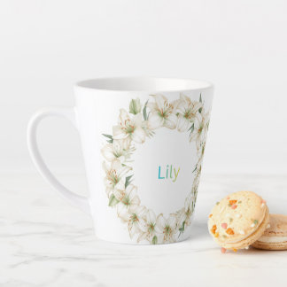 Watercolour Lily Wreath Floral Name Gift for Mum Latte Mug