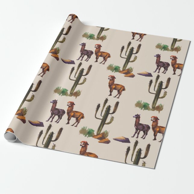 Watercolour llama alpaca wildlife seamless pattern wrapping paper (Unrolled)