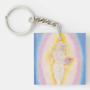 Watercolour Lovely Goddess holding a Lotus Flower Keychain