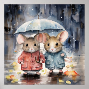 Watercolour Mice in The Rain Poster
