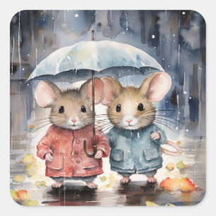 Watercolour Mice in The Rain Square Sticker