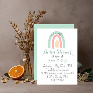 Watercolour minty rainbow Girl Baby Shower   Invitation