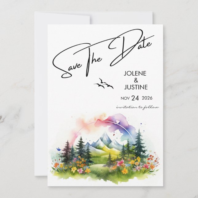 Watercolour Mountain Wildflower Save The Date (Front)