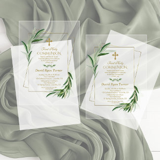 Watercolour Olive Leaves Gold Boy Holy Communion Acrylic Invitations