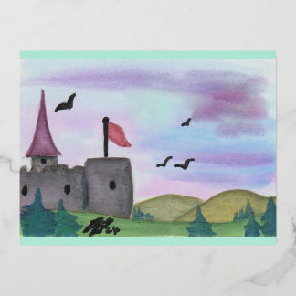 Watercolour Painting Fantasy Fortress Castle Age Foil Holiday Postcard