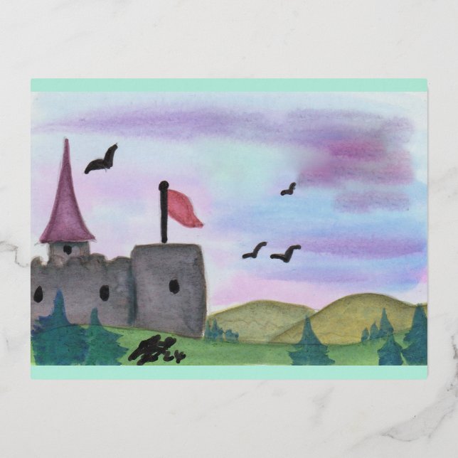 Watercolour Painting Fantasy Fortress Castle Age Foil Holiday Postcard (Front)