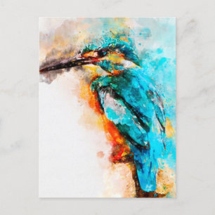 watercolour painting of common kingfisher postcard