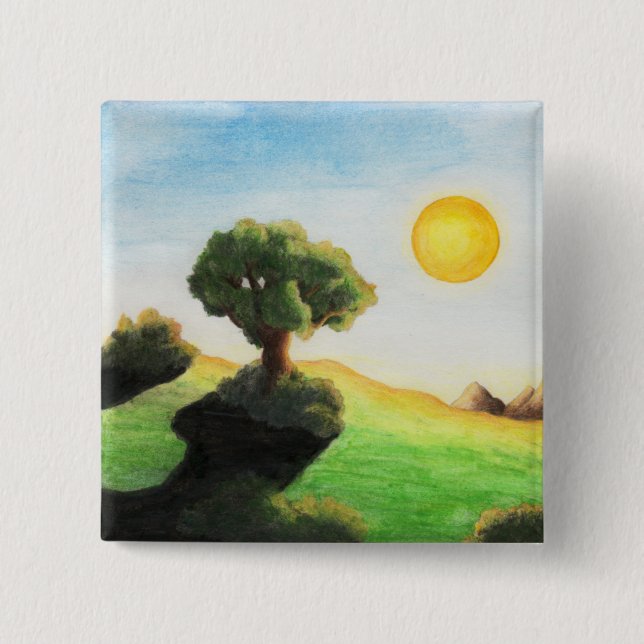 watercolour painting tree art sun nature landscape 2 inch square button (Front)