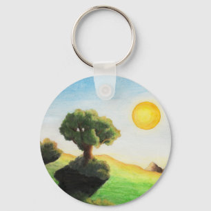 watercolour painting tree art sun nature landscape keychain