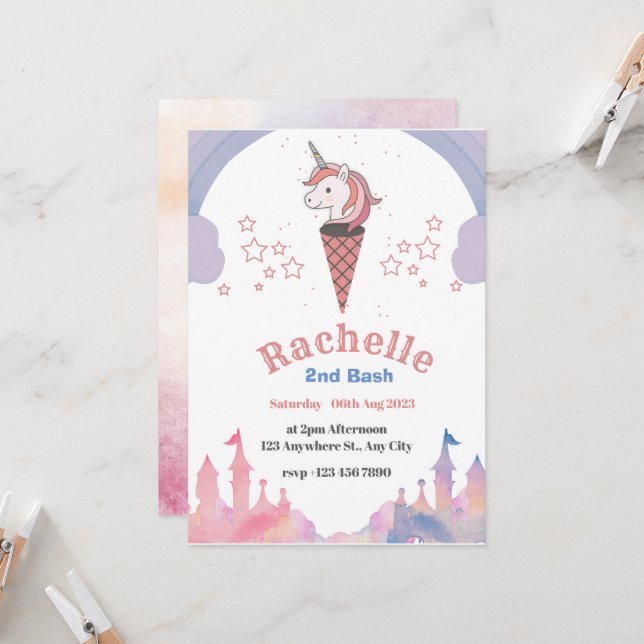 Watercolour Pastel Unicorn Boho Style Birthday Invitation (Front/Back In Situ)