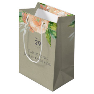 WATERCOLOUR PEACH FLOWER GREEN FOLIAGE  WEDDING MEDIUM GIFT BAG