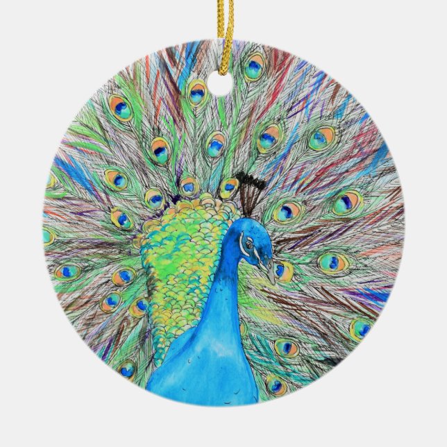 Watercolour Peacock Painting Ceramic Ornament (Front)