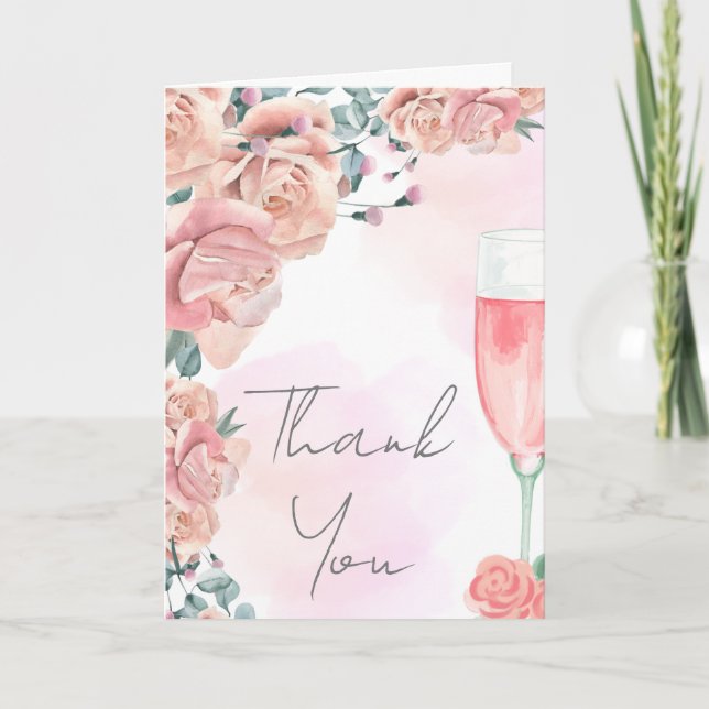 Watercolour petals & prosecco summer bridal shower thank you card (Front)