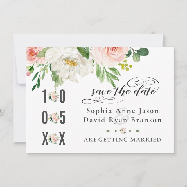 Watercolour Pink Blush Flowers Wedding Handwriting Save The Date (Front)