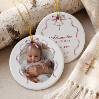 Watercolour Pink Bow Cross Baptism Photo Keepsake Ceramic Ornament