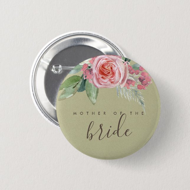 WATERCOLOUR PINK FLOWER FOLIAGE MOTHER OF BRIDE 2 INCH ROUND BUTTON (Front & Back)