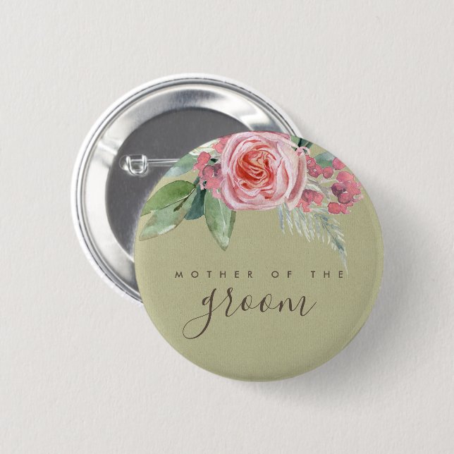 WATERCOLOUR PINK FLOWER FOLIAGE MOTHER OF GROOM 2 INCH ROUND BUTTON (Front & Back)