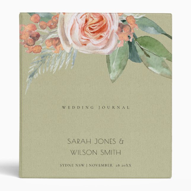 WATERCOLOUR PINK FLOWER GREEN FOLIAGE WEDDING BINDER (Front)