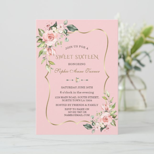 Watercolour Pink Flowers Gold Frame Sweet Sixteen Invitation (Standing Front)