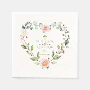 Watercolour Pink Flowers He Is Risen Gold Easter Napkin