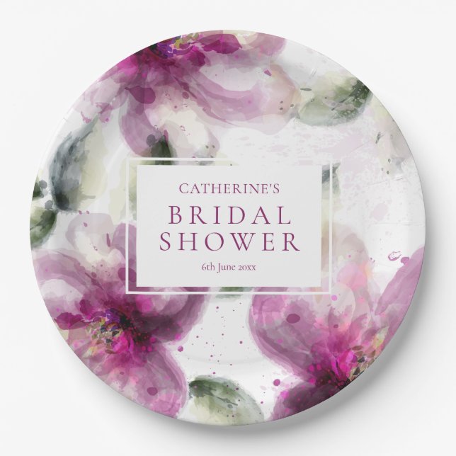 Watercolour Pink Lily Floral Bridal Shower Paper Plate (Front)