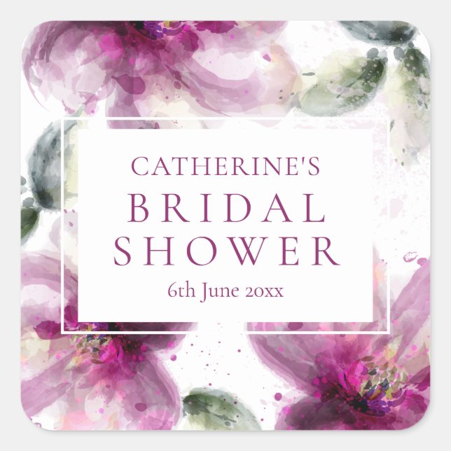 Watercolour Pink Lily Floral Bridal Shower Square Sticker (Front)