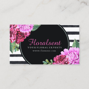 Watercolour PInk Peonies Black and White Stripes Business Card