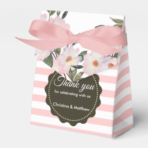 Watercolour Pink White Roses Grey Stripes Pattern Favor Box