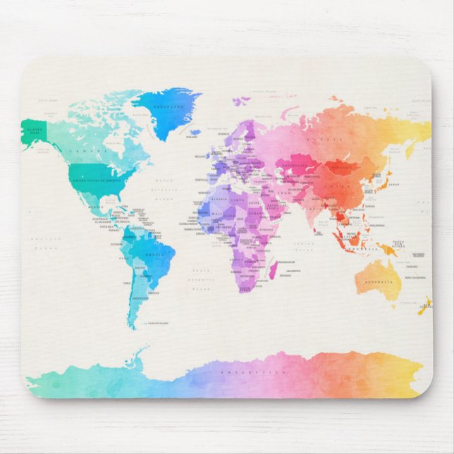 Watercolour Political Map of the World Mouse Pad (Front)