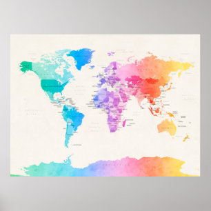 Watercolour Political Map of the World Poster