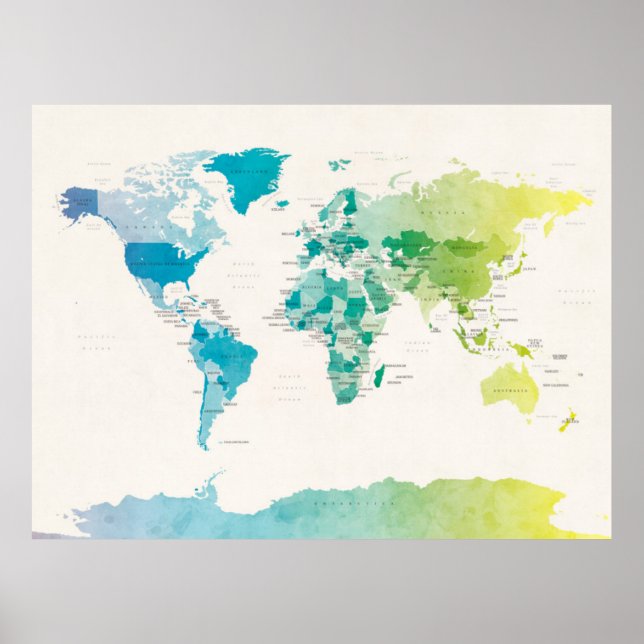 Watercolour Political Map of the World Poster (Front)
