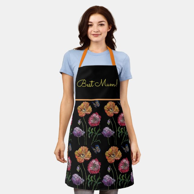 Watercolour Poppy Red Orange Black Floral Apron (Worn)