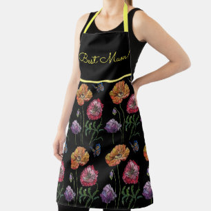 Watercolour Poppy Red Orange Black Floral Best Mum Apron