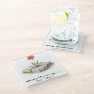 Watercolour Poppy Wherever Life Plants You  Glass Coaster