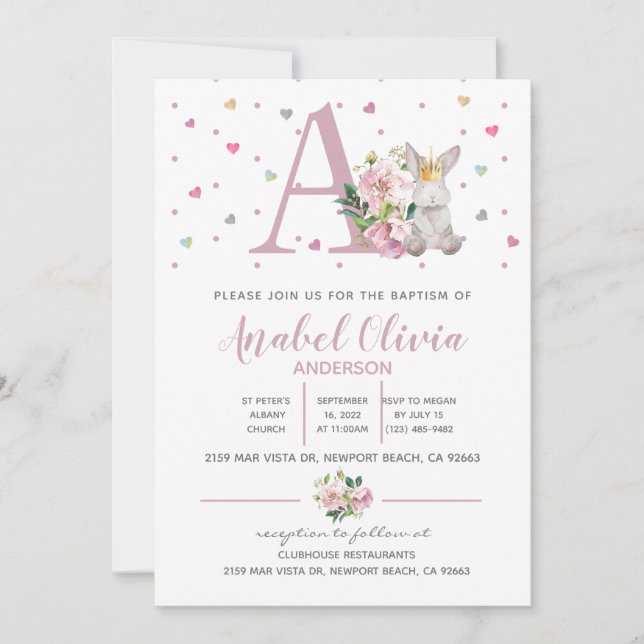 Watercolour Princess Bunny  Baby Girl Baptism  Invitation (Front)