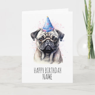 Watercolour Pug Birthday Card