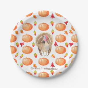 Watercolour Pumpkin Turkey Pattern Thanksgiving Paper Plate