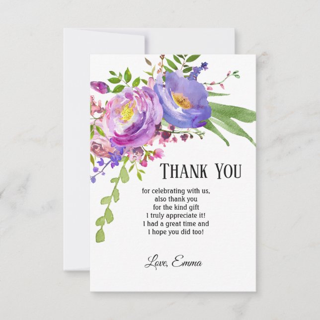 watercolour purple floral, thank you card (Front)