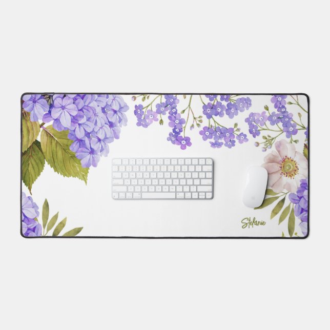 Watercolour Purple Hydrangeas Floral Personalized Desk Mat (Keyboard & Mouse)